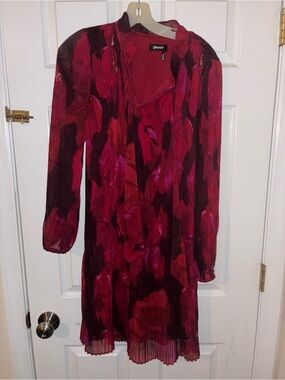 DKNY Pleated Abstract Floral Dress Red Burgundy Pink
